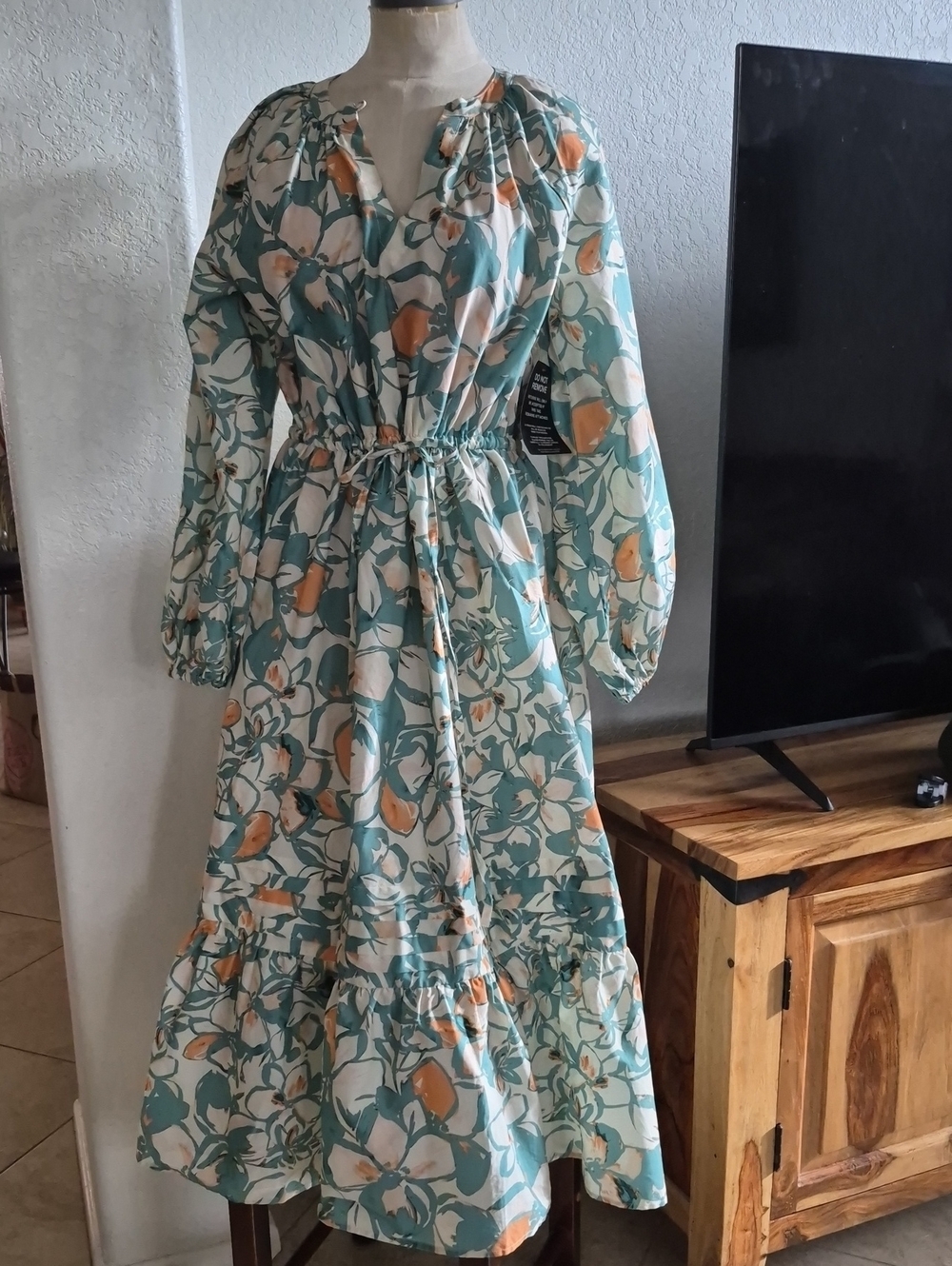 June + Vie Reglan Puff Sleeve Floral Maxi Cotton Dress Sz 10/12 -Large